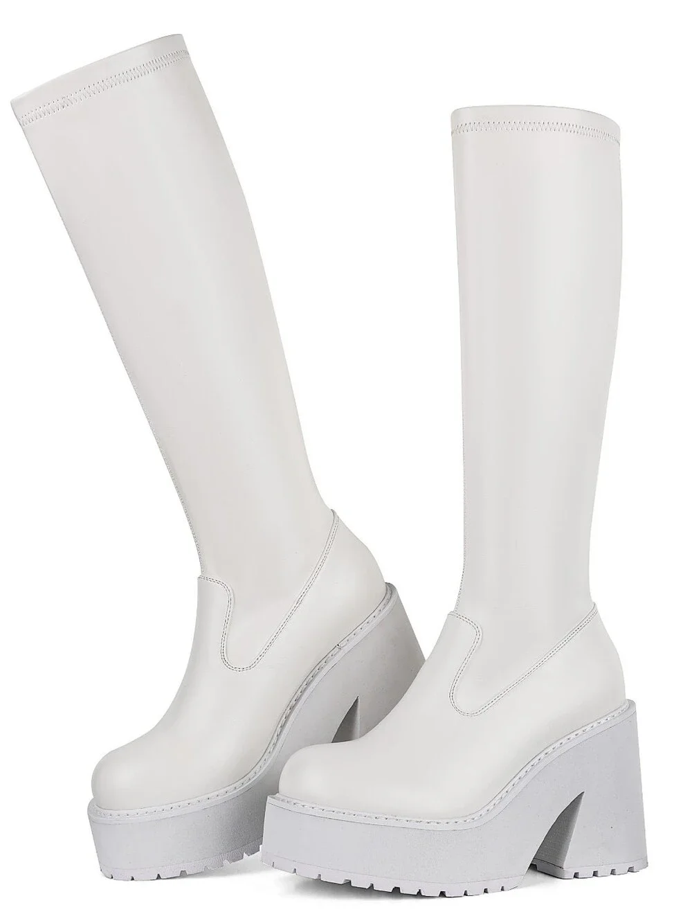 White Platform Elastic Knee-High Gogo Boots Women, Punk, 9.5